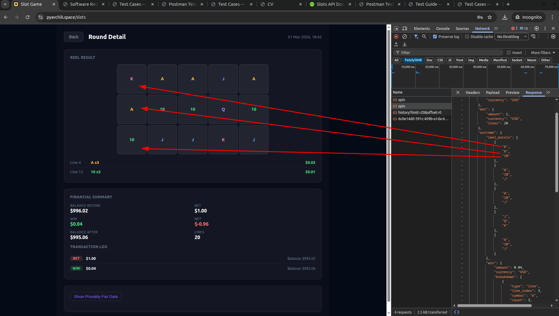 Round Detail page showing the correct reel matrix from server